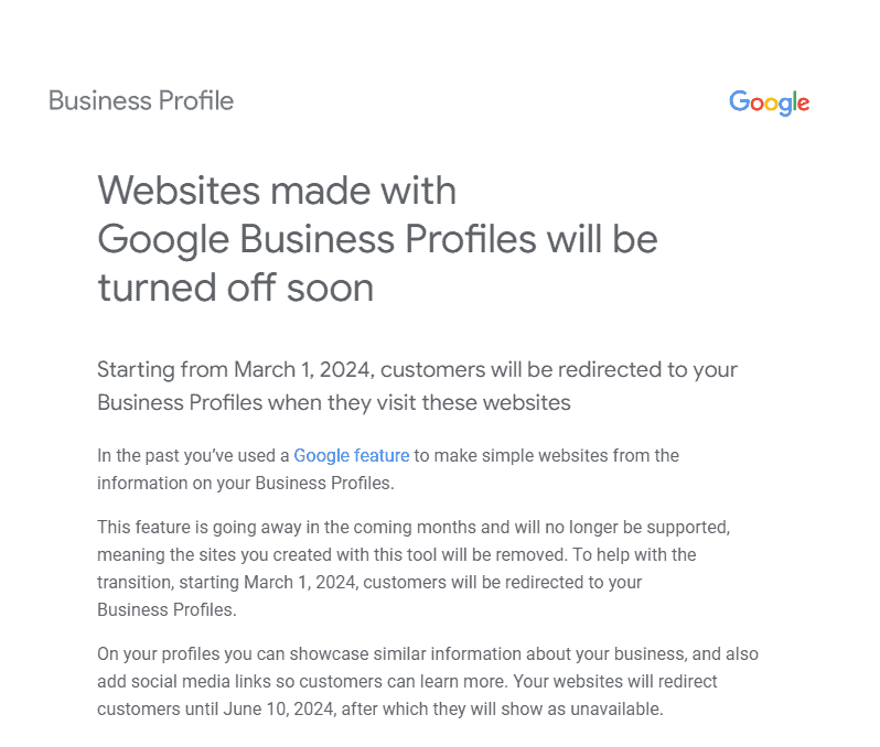 Google business websites will be turned off soon